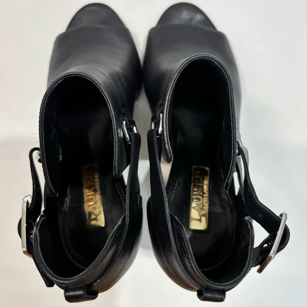 Lauren Ralph Lauren Kadence Black Leather Block Heel Open Toe Ankle Boot sandal